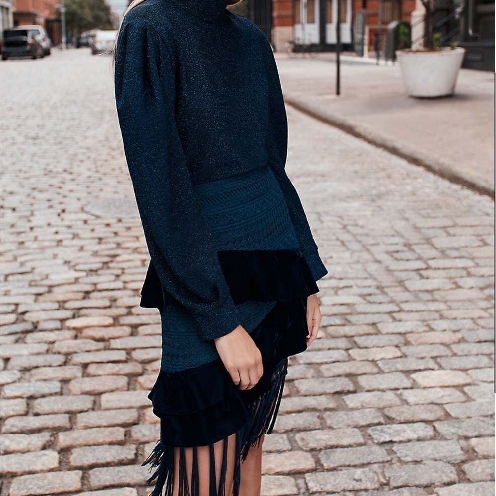 PatBO Velvet & Lace Fringed Mini Skirt in navy size 2 - Picture 3 of 11